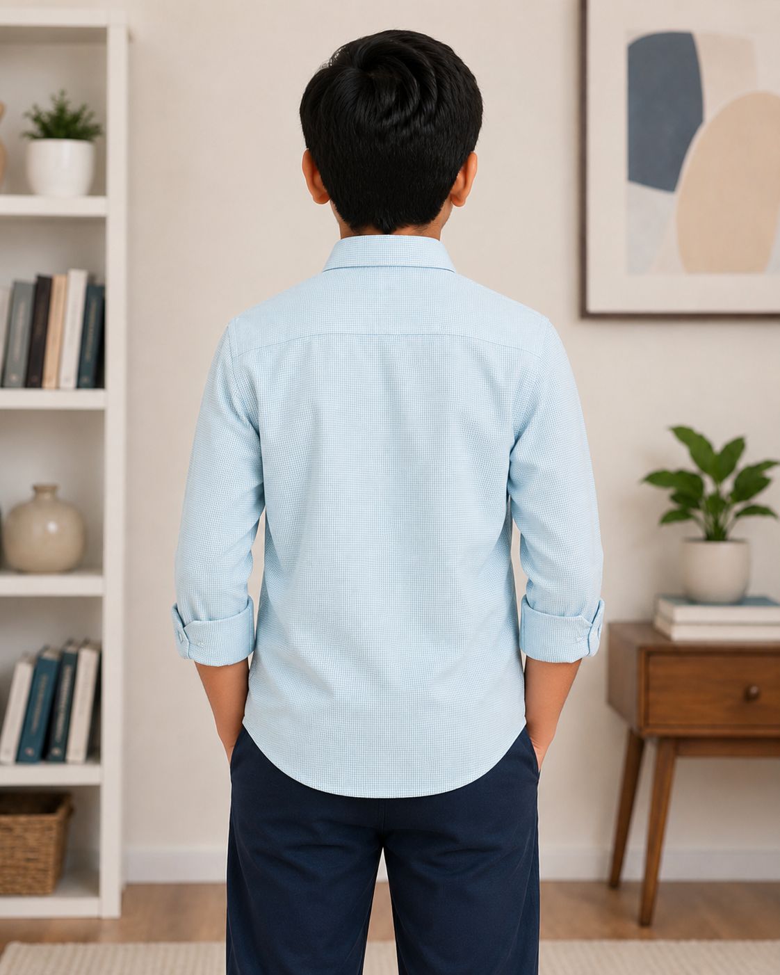 Boys Checked Long Sleeve Button Down Shirt (Light Blue)