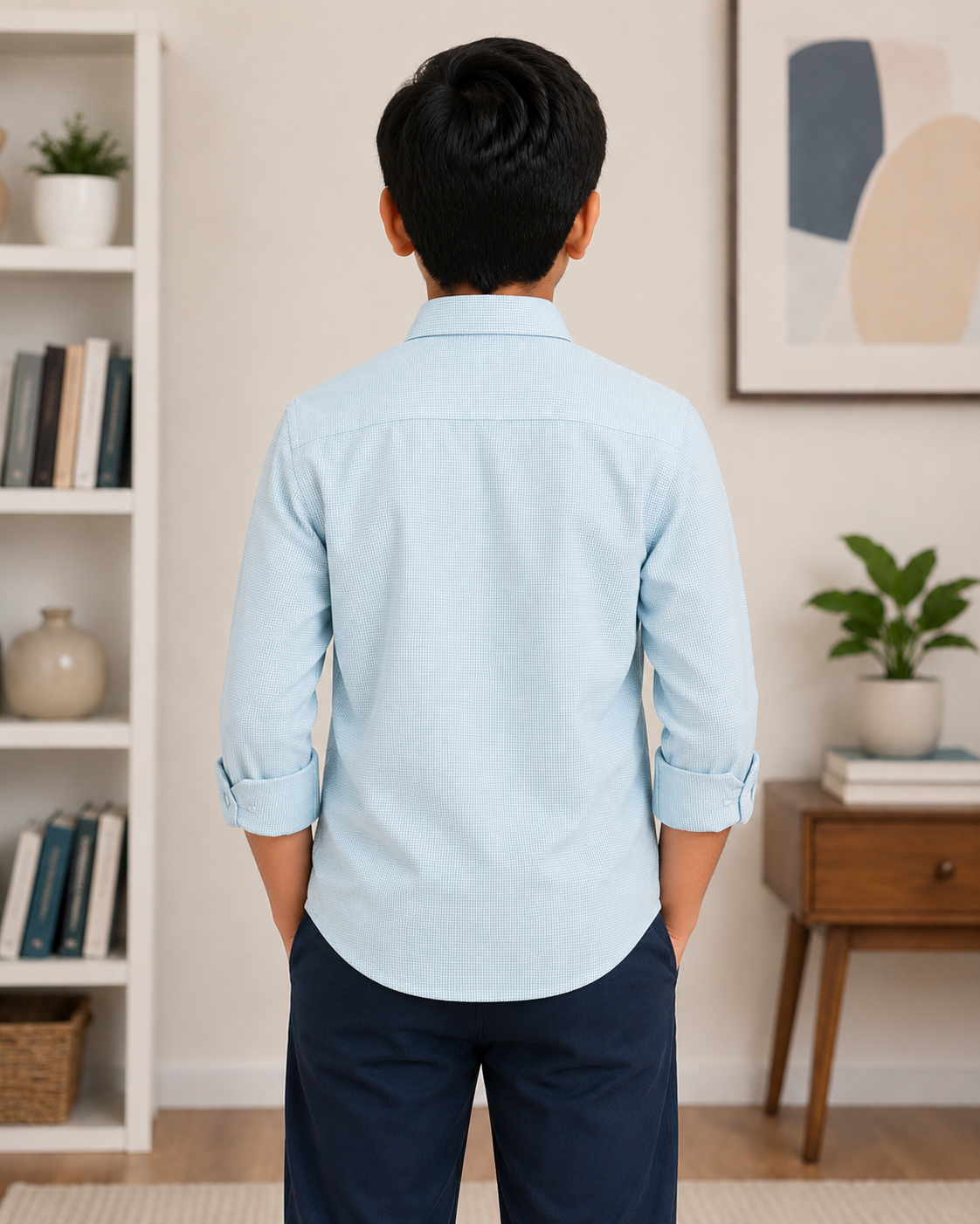 Boys Checked Long Sleeve Button Down Shirt (Light Blue)