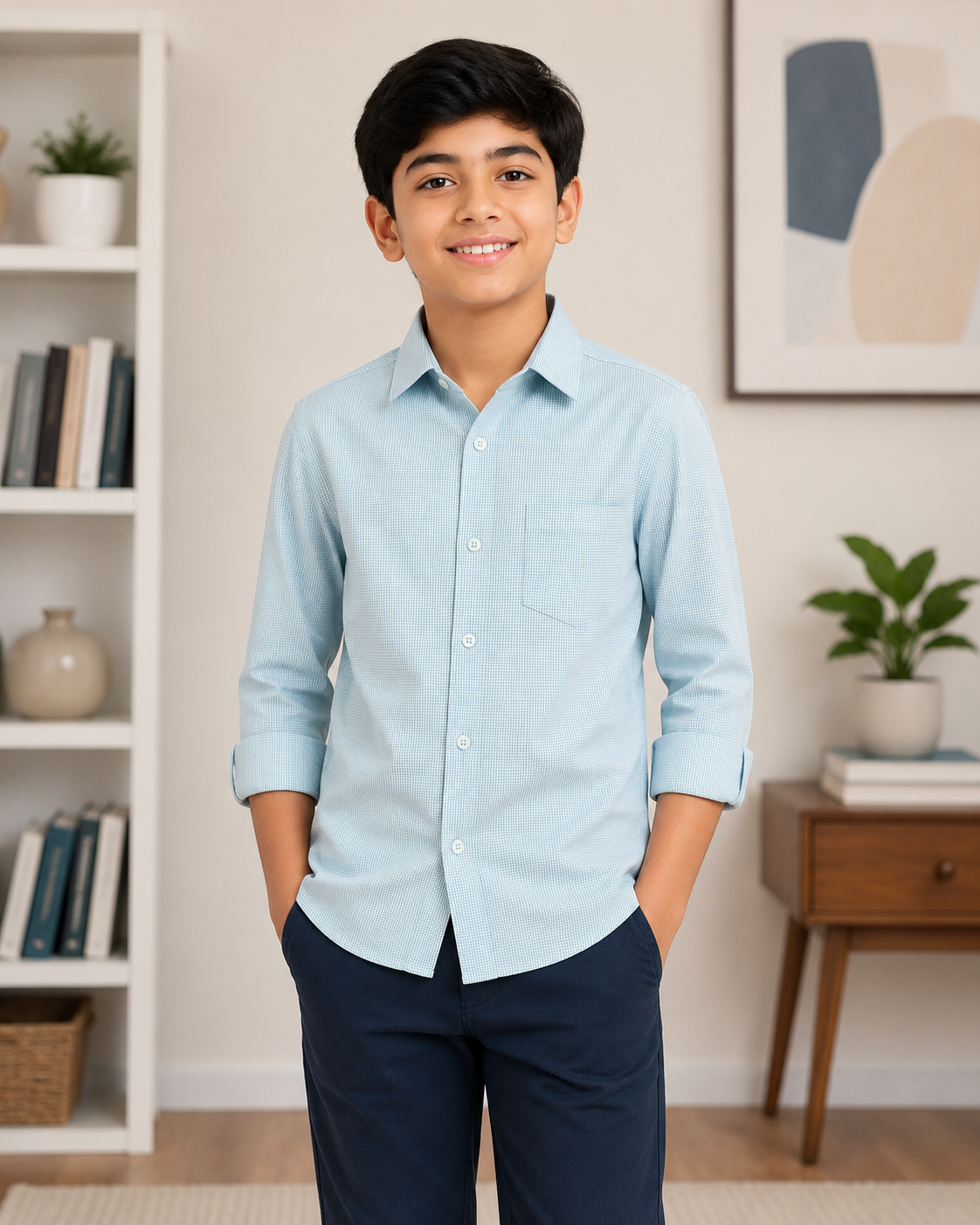 Boys Checked Long Sleeve Button Down Shirt (Light Blue)