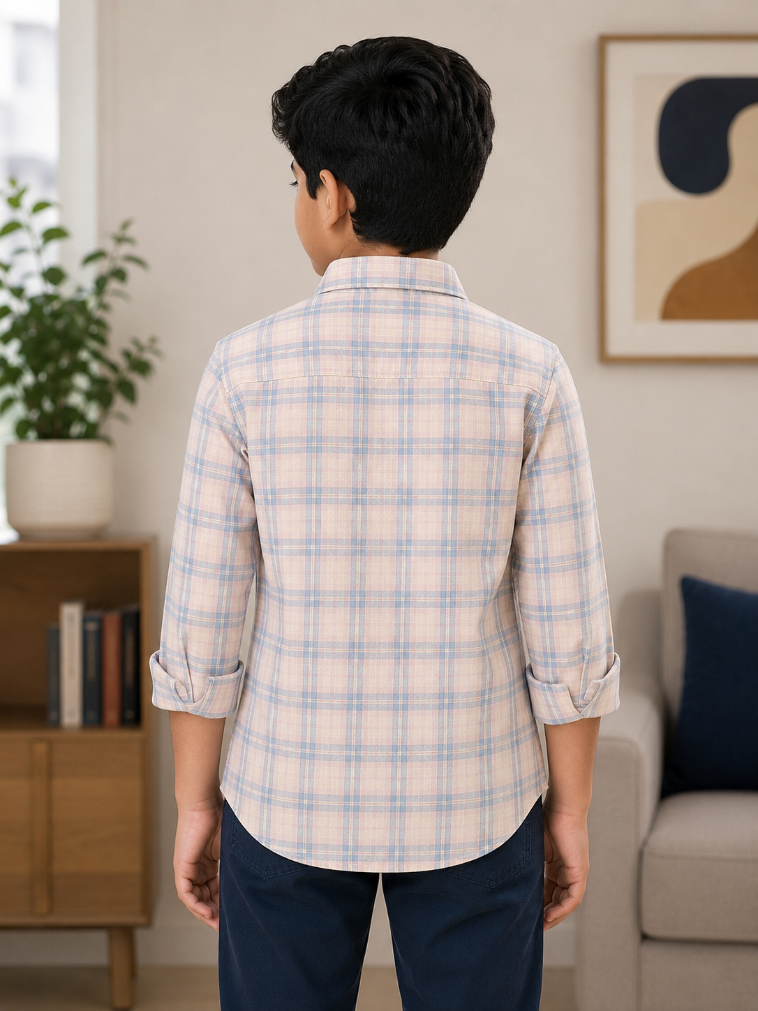 Boys Peach & Sky Blue Checked Casual Shirt | Full Sleeves | Regular Fit