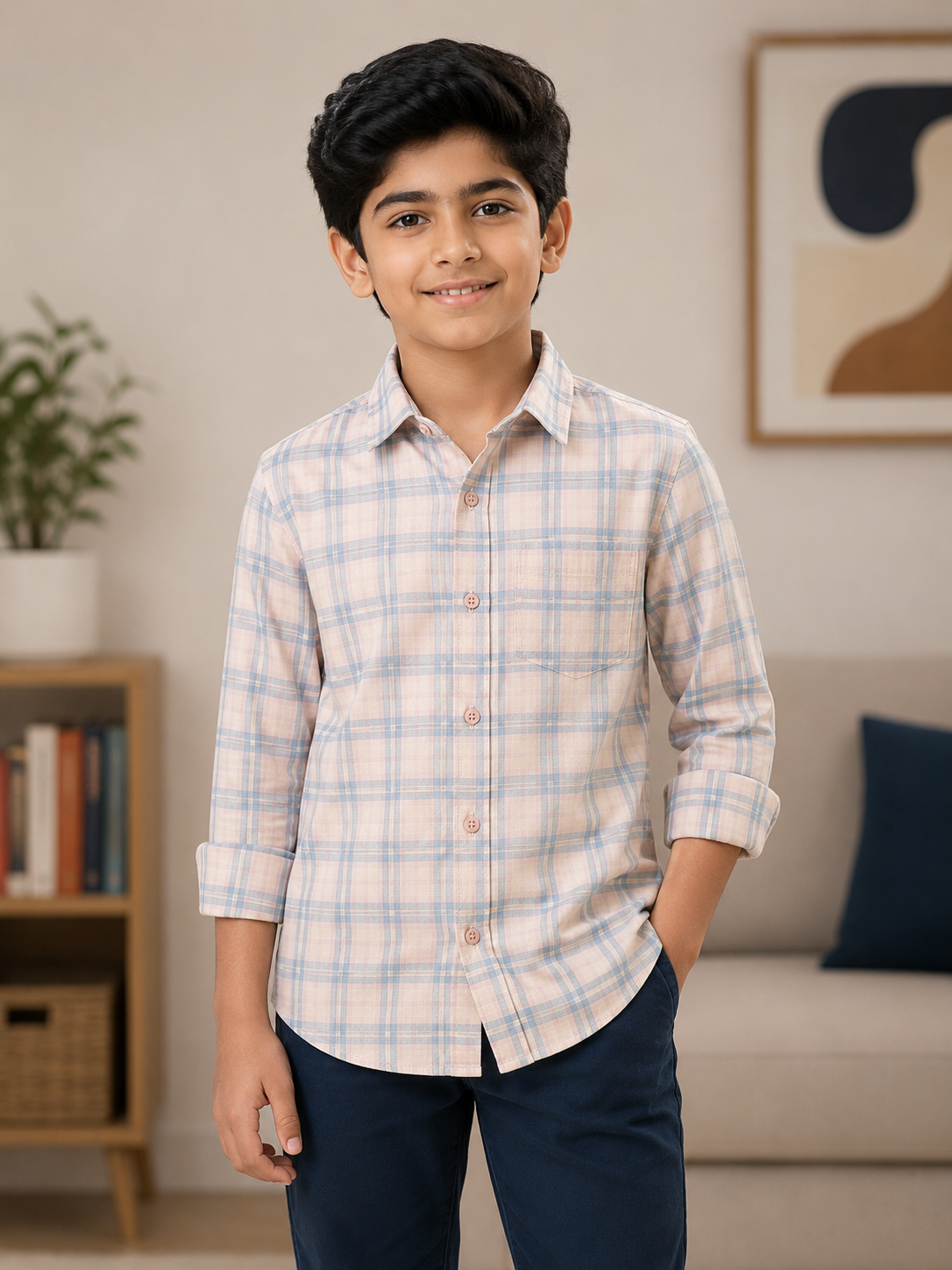 Boys Peach & Sky Blue Checked Casual Shirt | Full Sleeves | Regular Fit