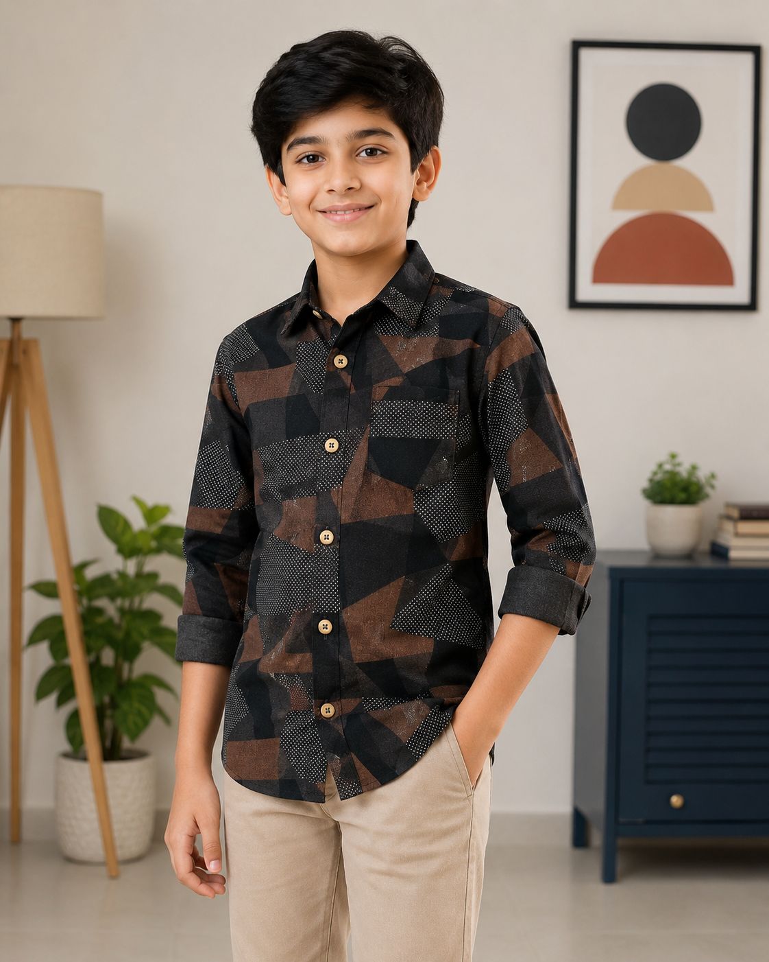 Boys Black & Brown Abstract Print Full Sleeve Casual Shirt