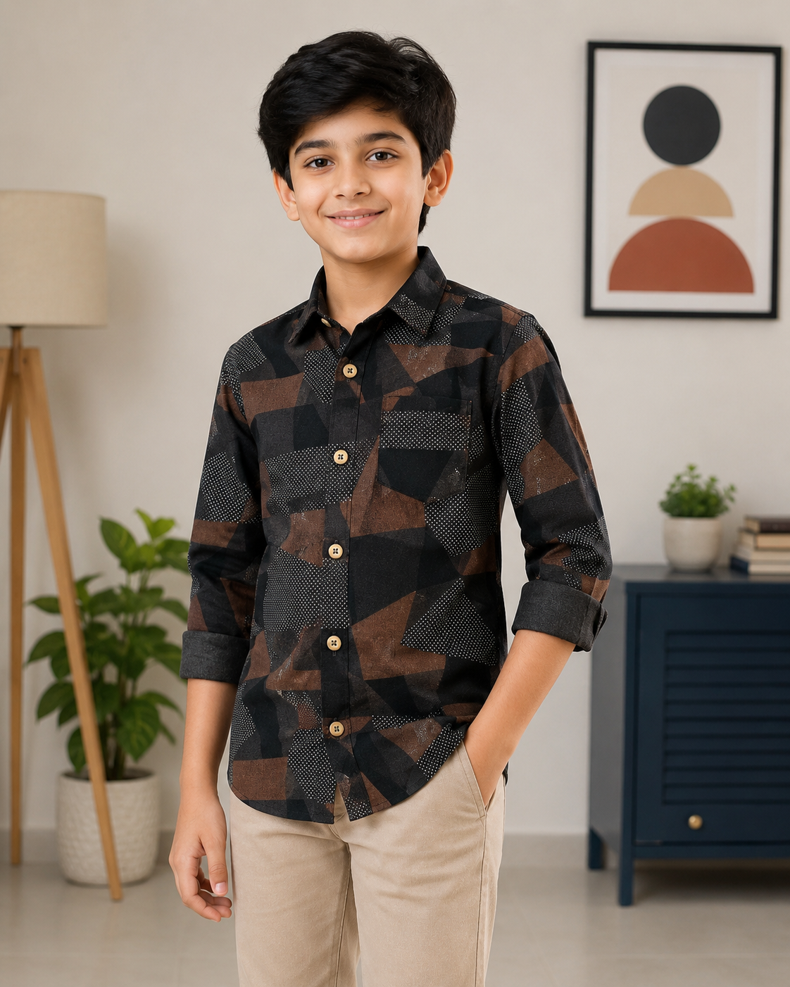 Boys Black & Brown Abstract Print Full Sleeve Casual Shirt