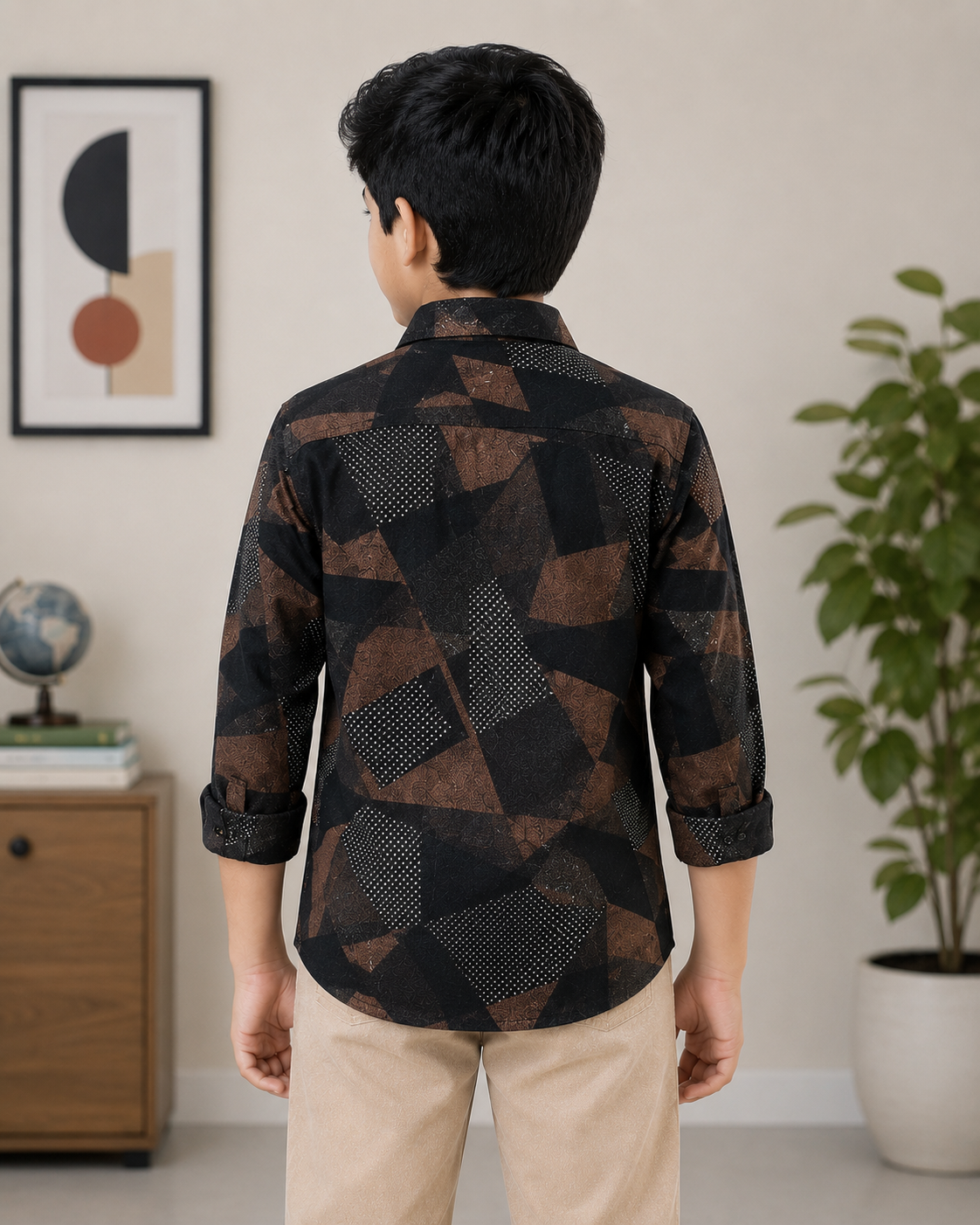 Boys Black & Brown Abstract Print Full Sleeve Casual Shirt