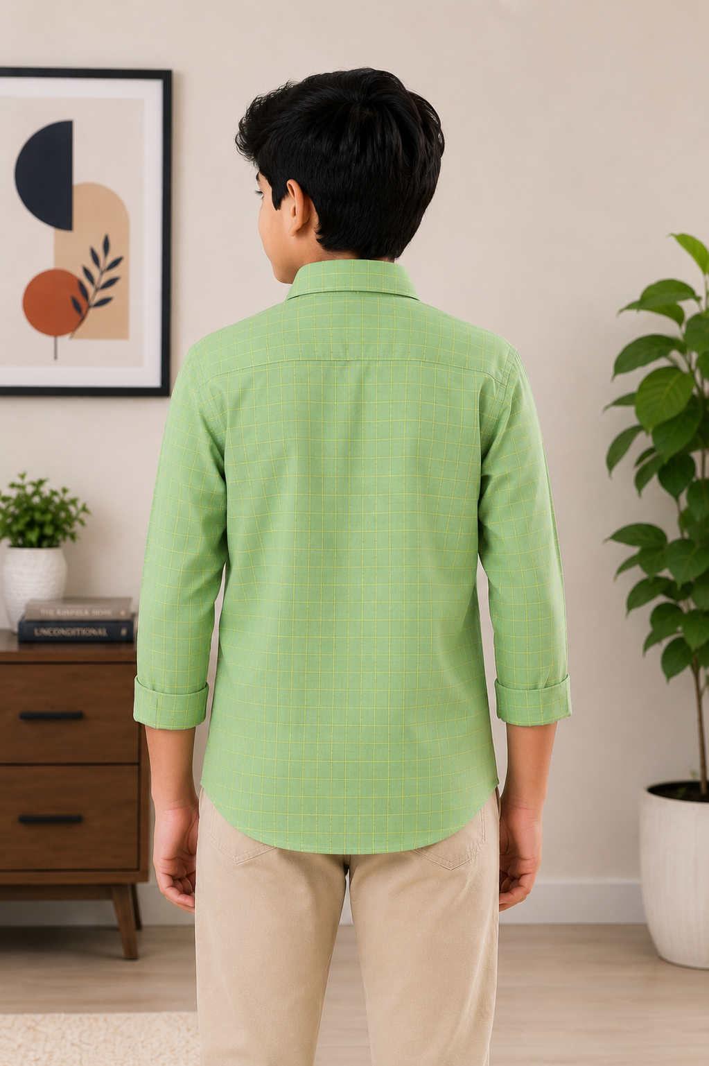 Boys Light Green Check Collared Casual Wear Shirt