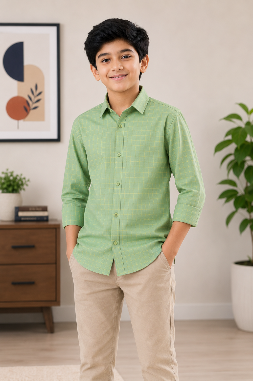 Boys Light Green Check Collared Casual Wear Shirt