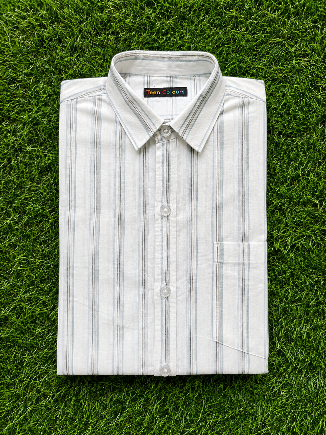 Boys White Grey Striped Collared Casual Wear Shirt