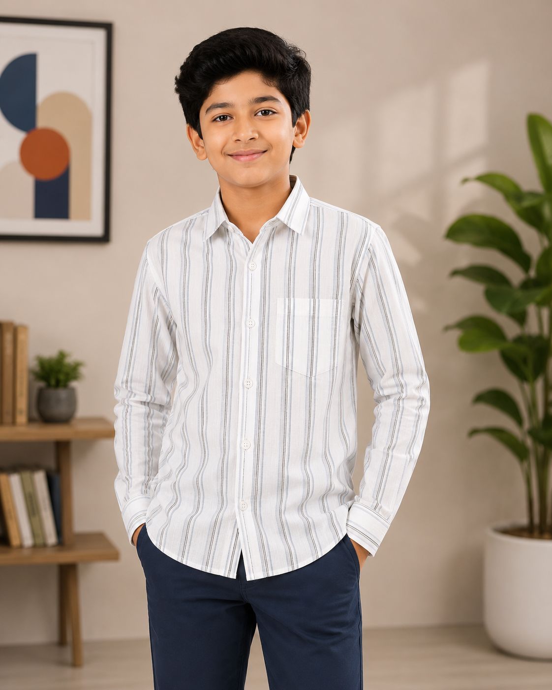 Boys White Grey Striped Collared Casual Wear Shirt