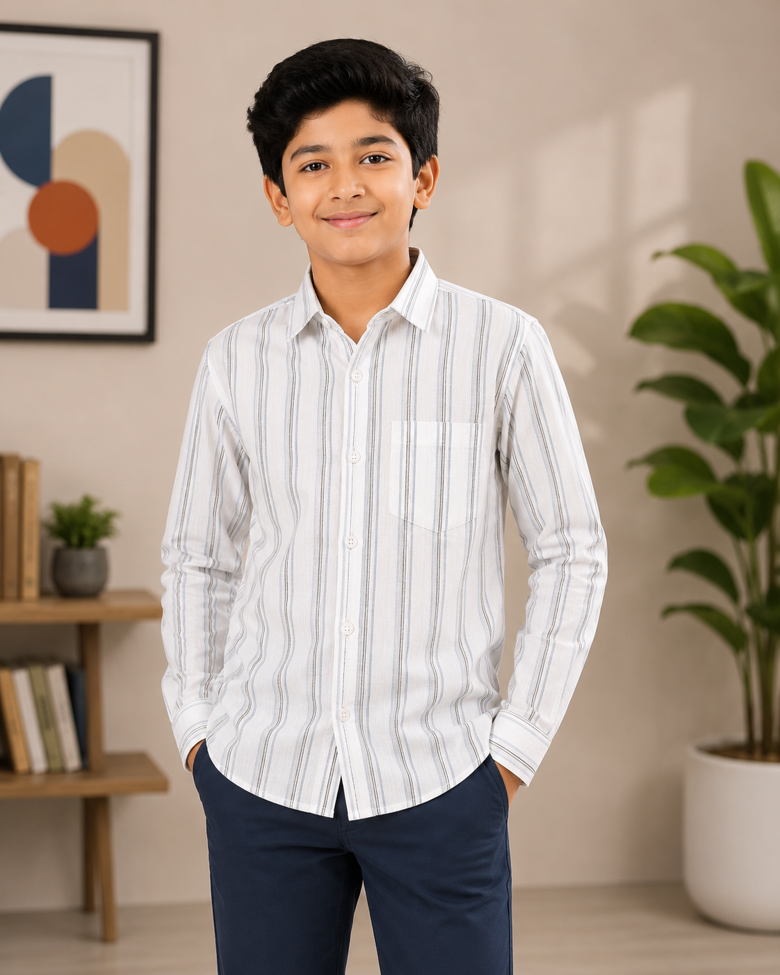 Boys White Grey Striped Collared Casual Wear Shirt