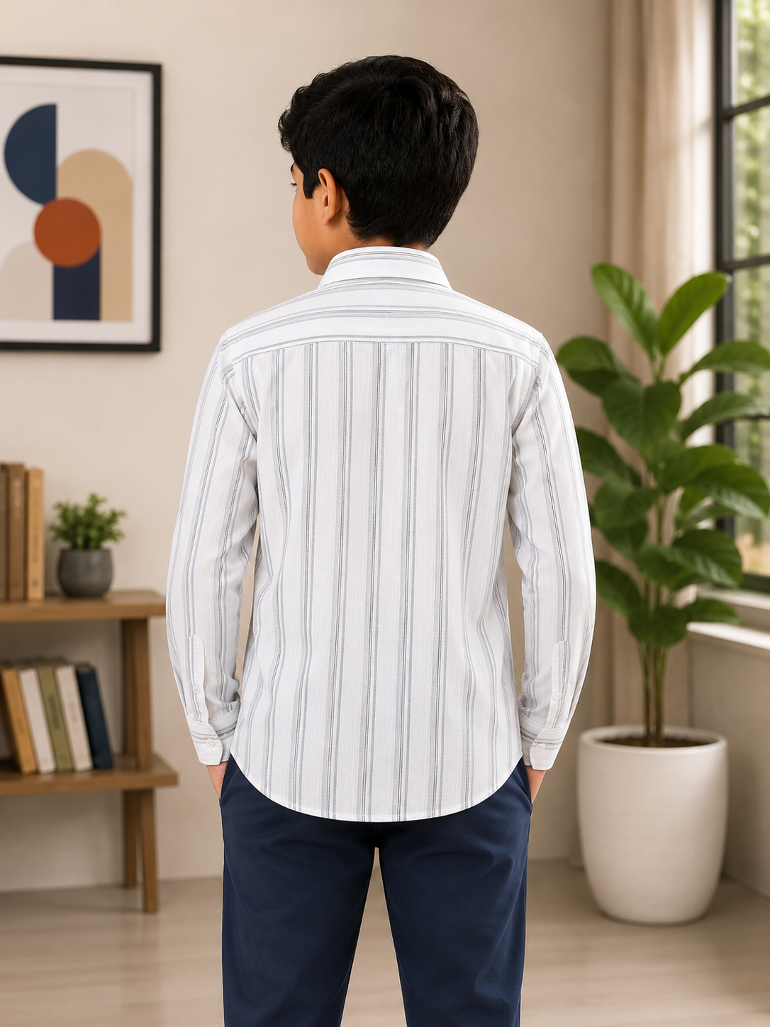 Boys White Grey Striped Collared Casual Wear Shirt