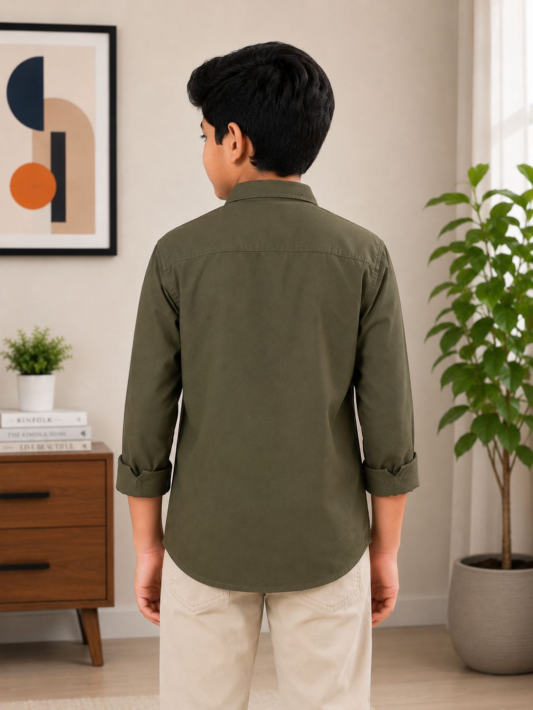 Boys Solid Long Sleeve Button Down Shirt (Olive Green)
