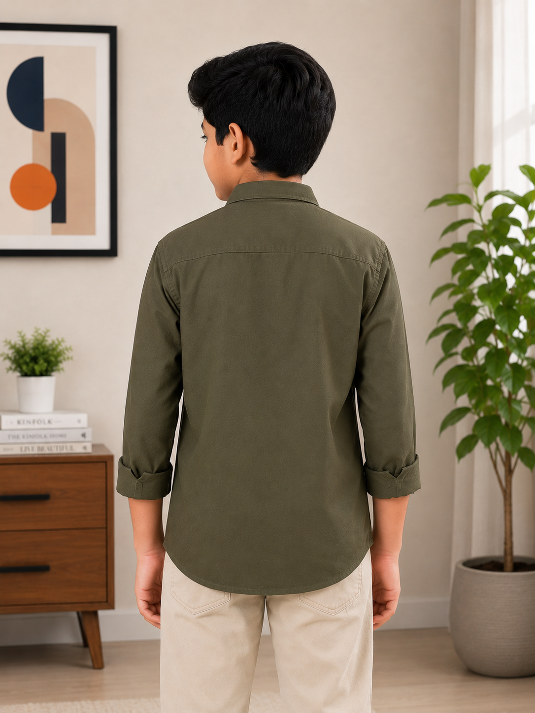 Boys Solid Long Sleeve Button Down Shirt (Olive Green)