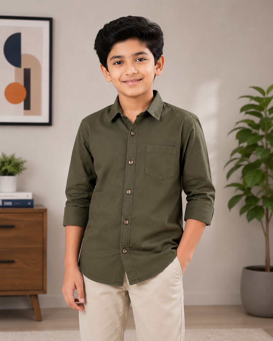 Boys Solid Long Sleeve Button Down Shirt (Olive Green)