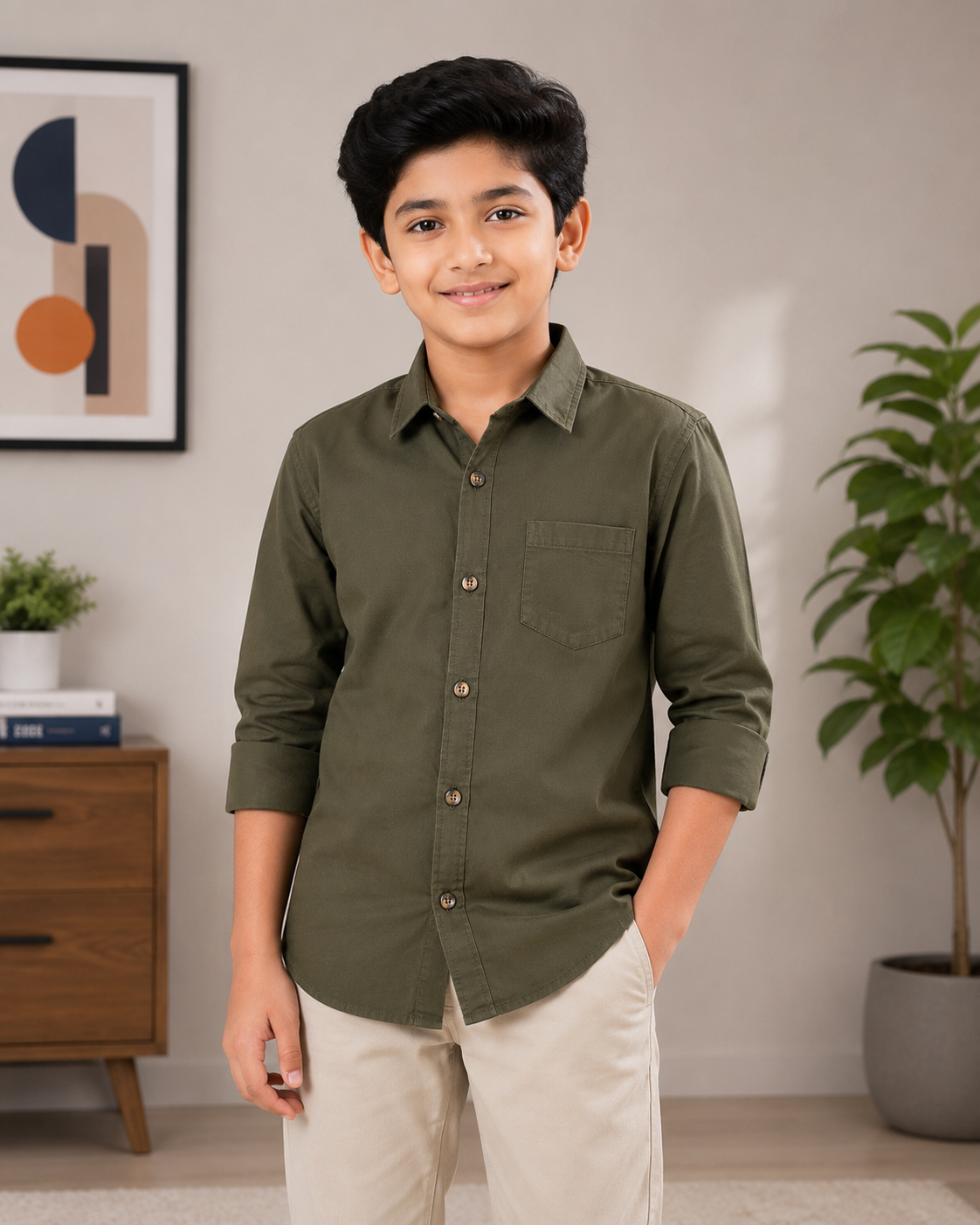 Boys Solid Long Sleeve Button Down Shirt (Olive Green)