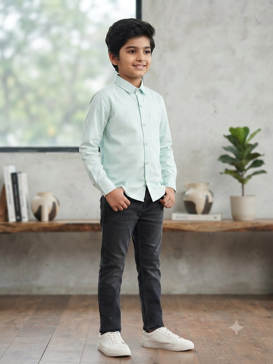 Boys Solid Long Sleeve Button Down Shirt (Light Green)