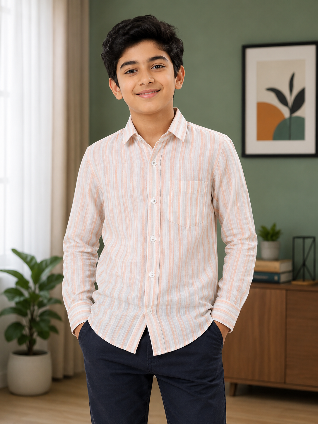 Boys Striped Long Sleeve Button Down Shirt (White and Peach)