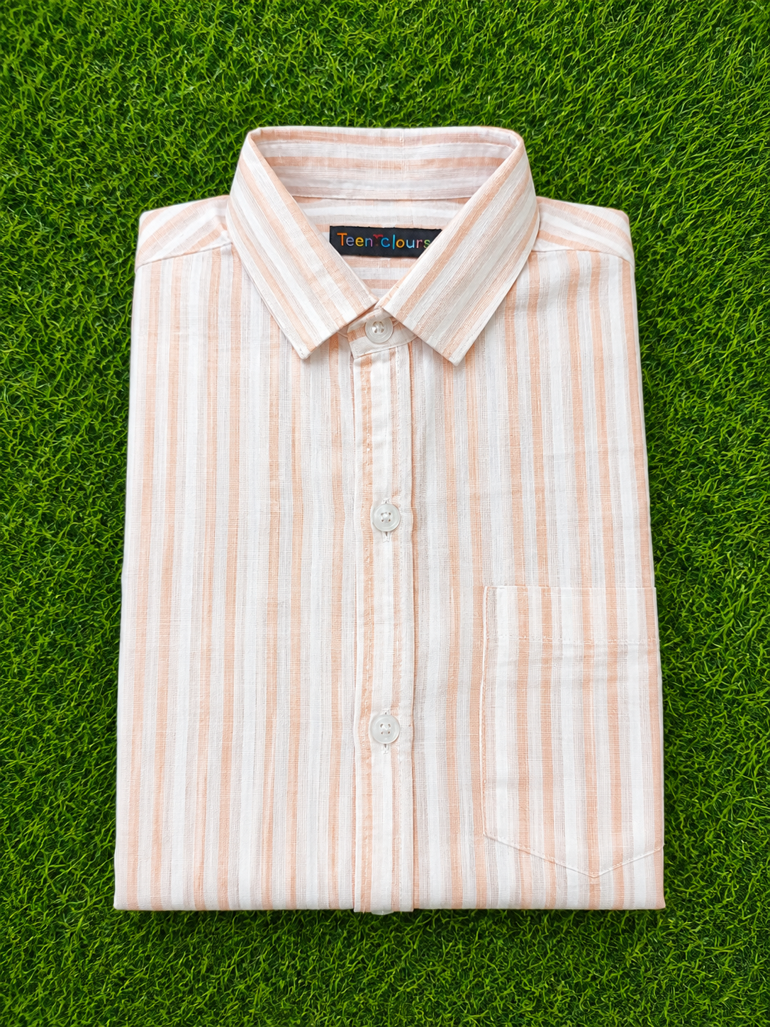 Boys Striped Long Sleeve Button Down Shirt (White and Peach)