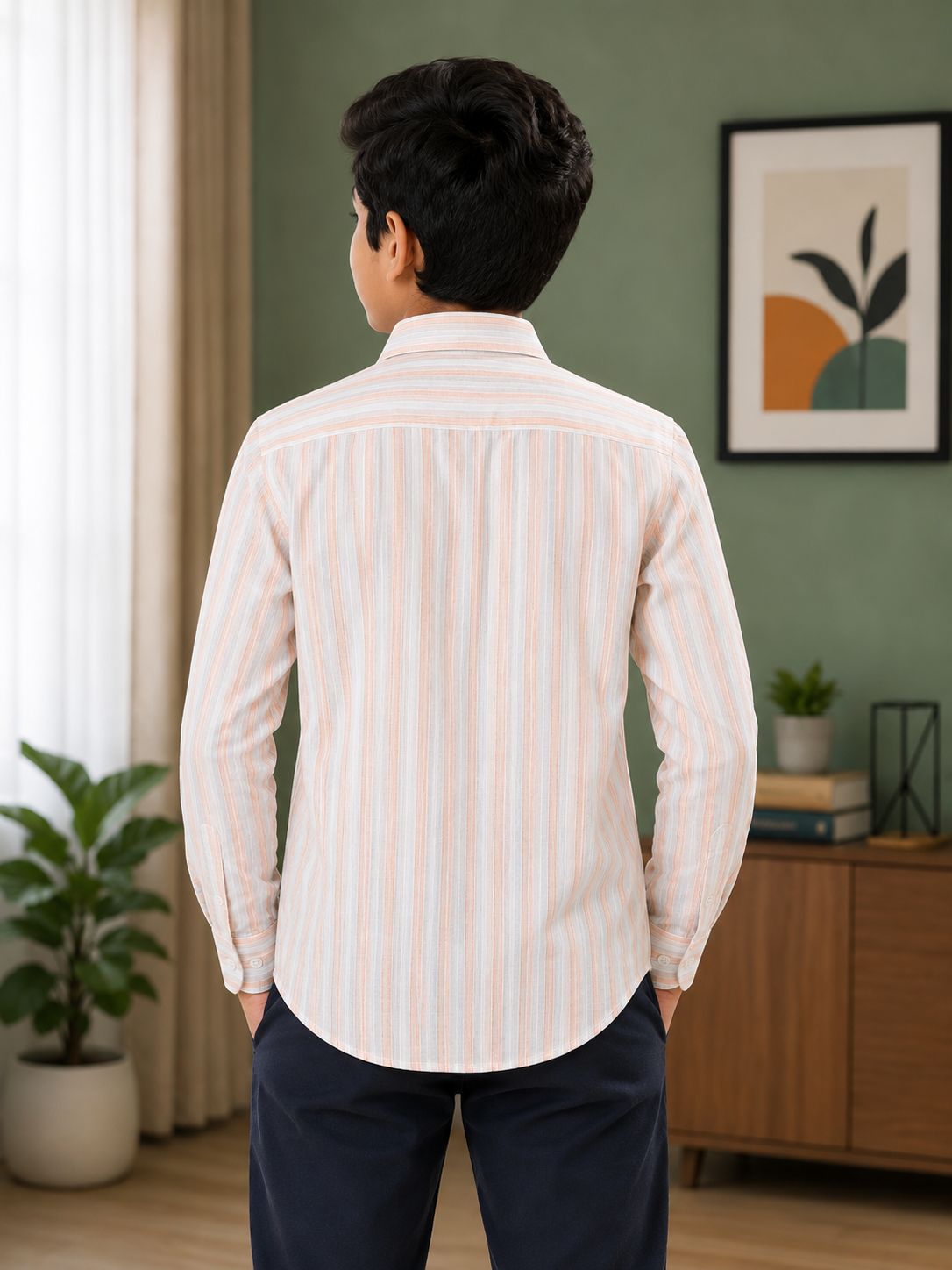 Boys Striped Long Sleeve Button Down Shirt (White and Peach)