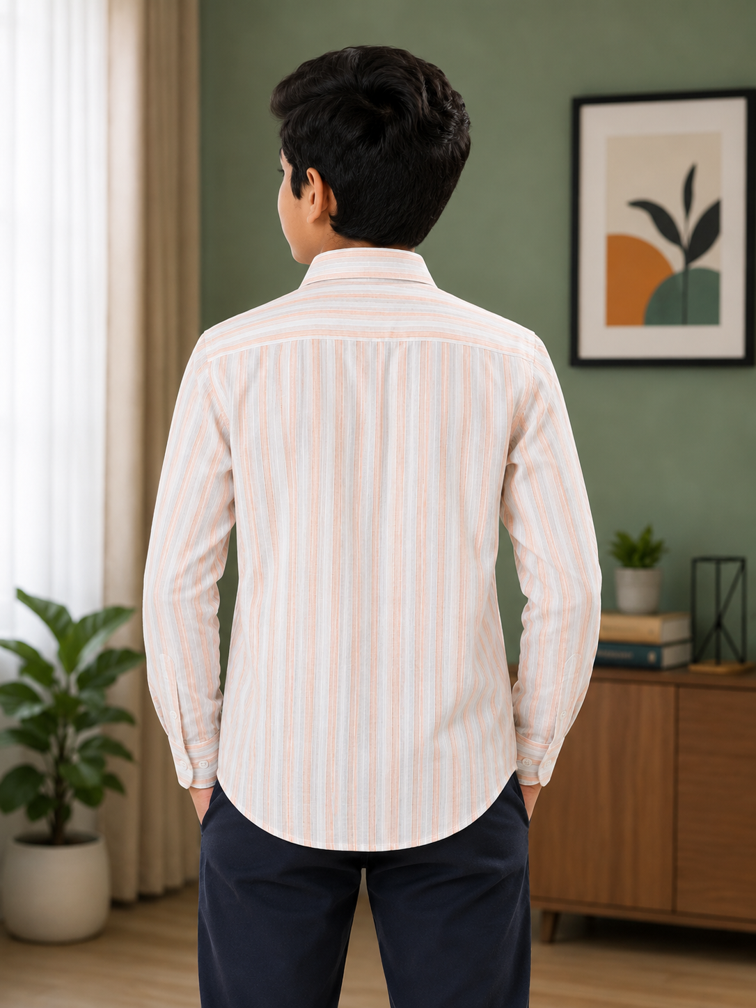 Boys Striped Long Sleeve Button Down Shirt (White and Peach)