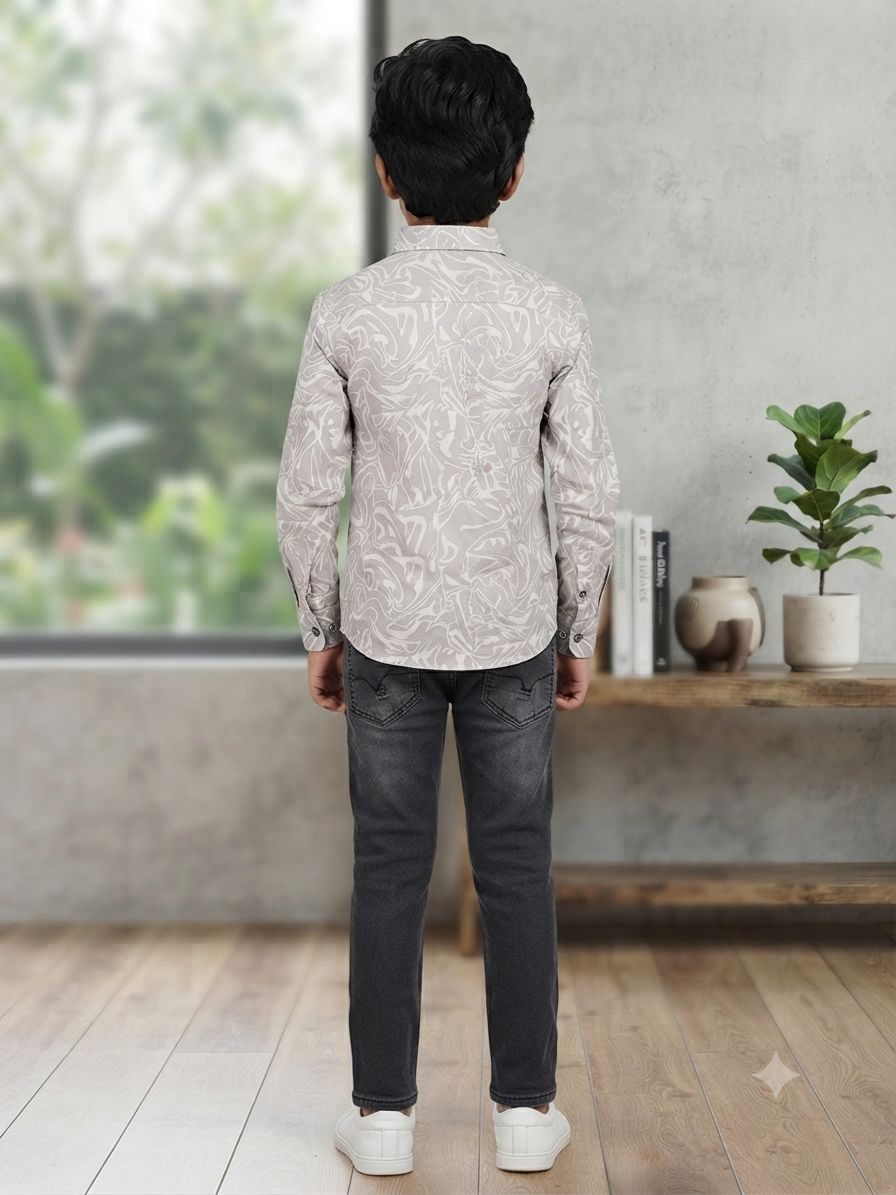Boys Abstract Print Long Sleeve Button Down Shirt (Grey and White)
