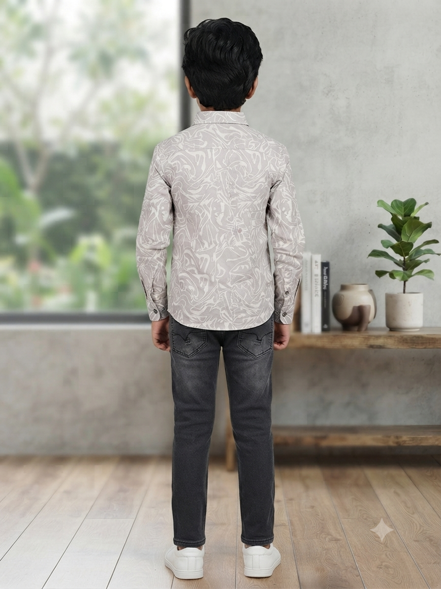 Boys Abstract Print Long Sleeve Button Down Shirt (Grey and White)