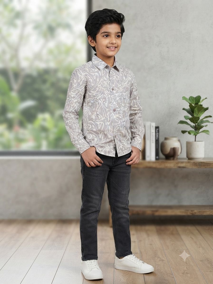 Boys Abstract Print Long Sleeve Button Down Shirt (Grey and White)