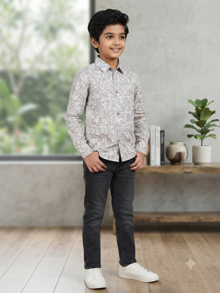 Boys Abstract Print Long Sleeve Button Down Shirt (Grey and White)