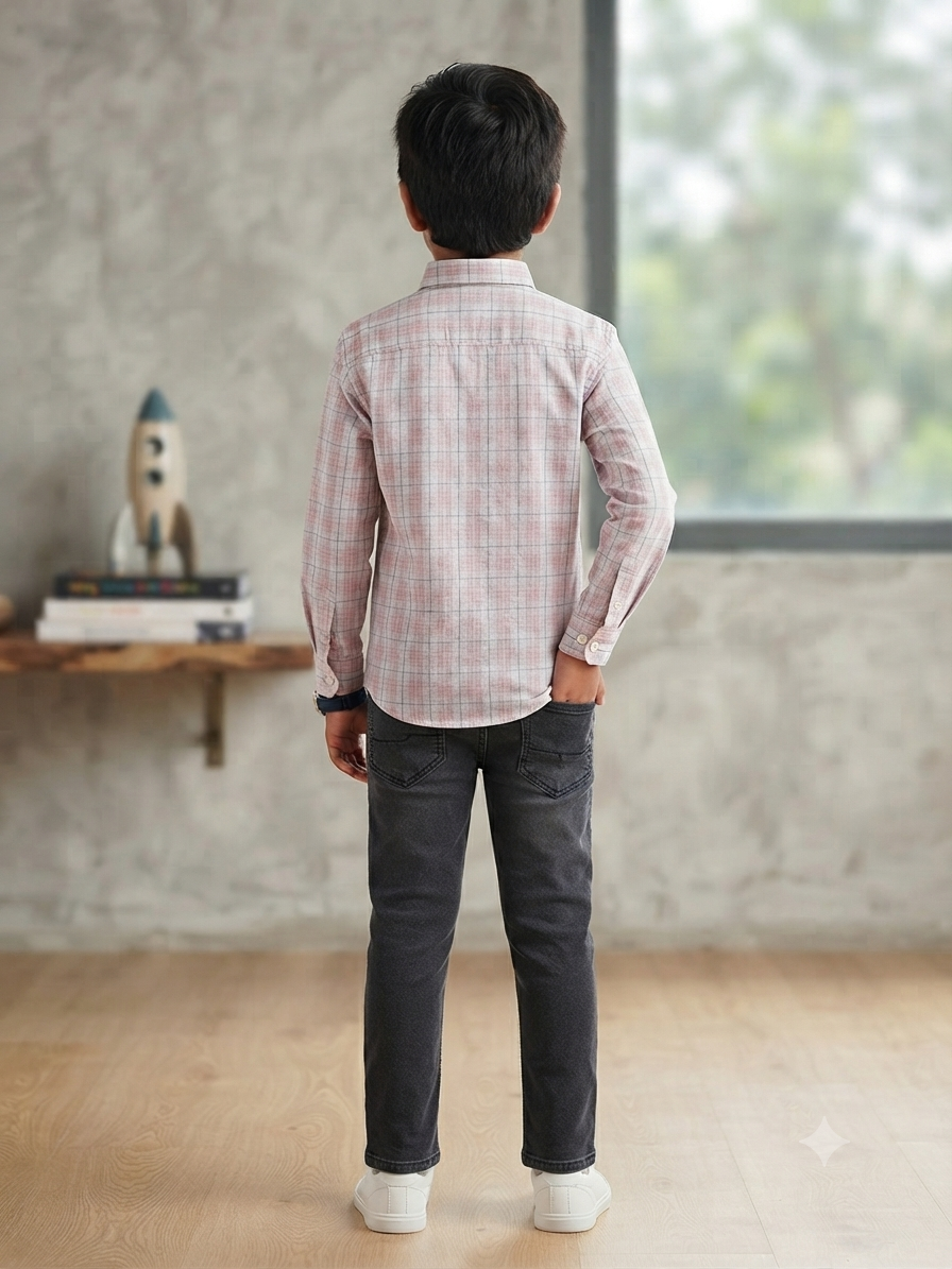 Boys Checked Long Sleeve Button Down Shirt (White, Pink, and Grey)