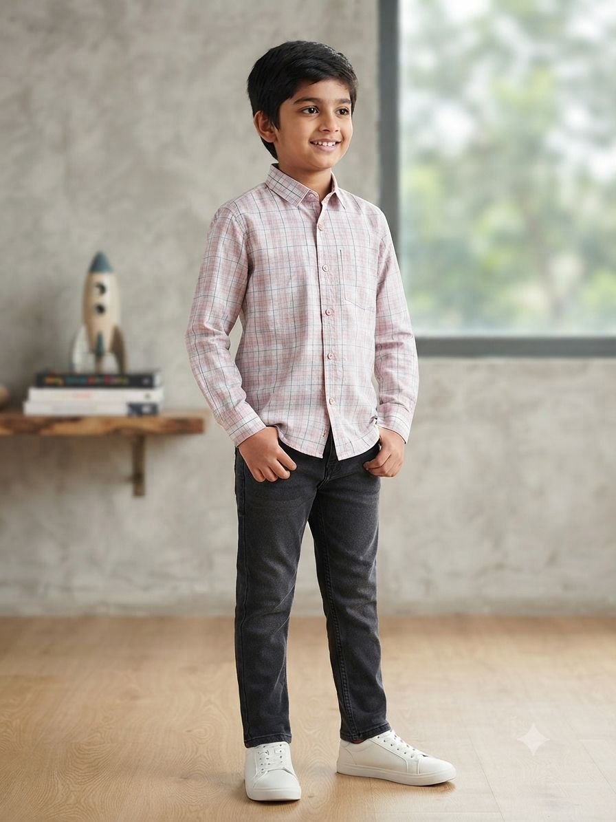 Boys Checked Long Sleeve Button Down Shirt (White, Pink, and Grey)