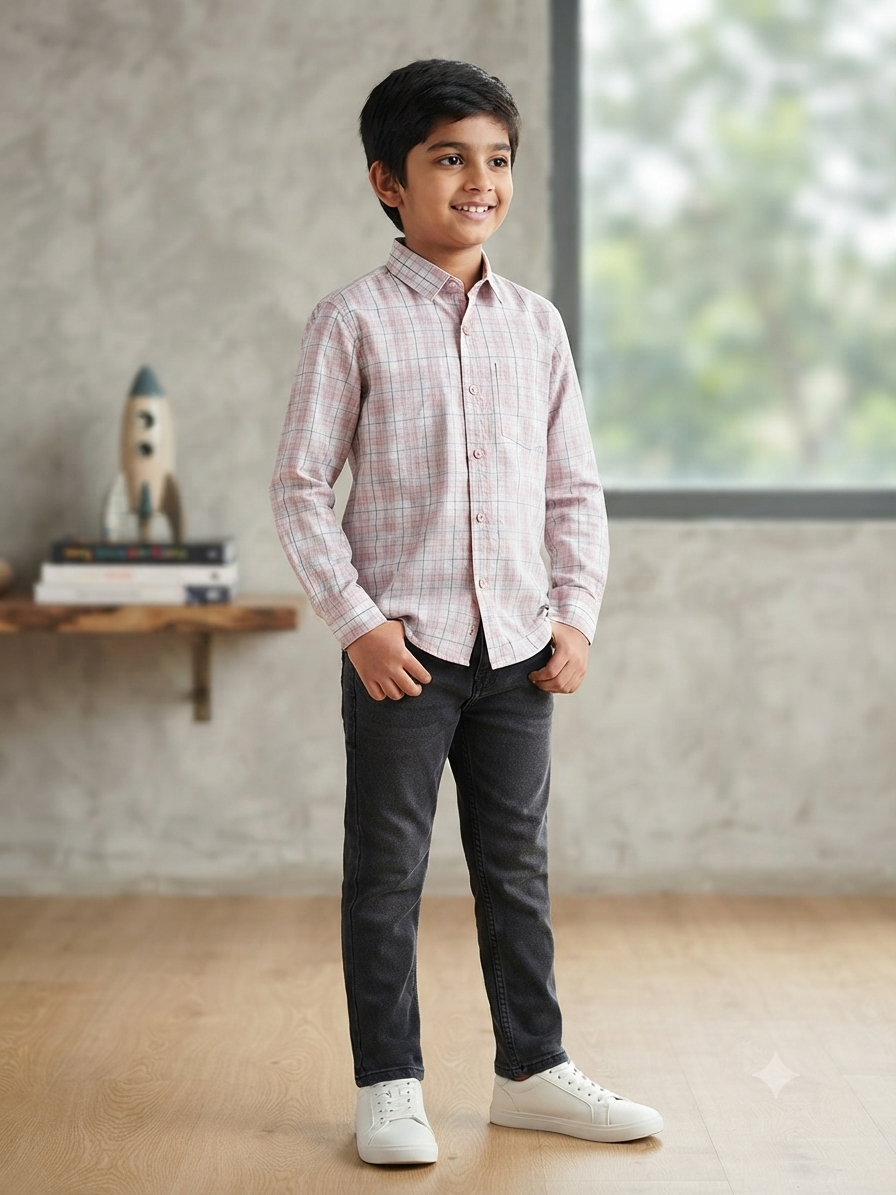 Boys Checked Long Sleeve Button Down Shirt (White, Pink, and Grey)