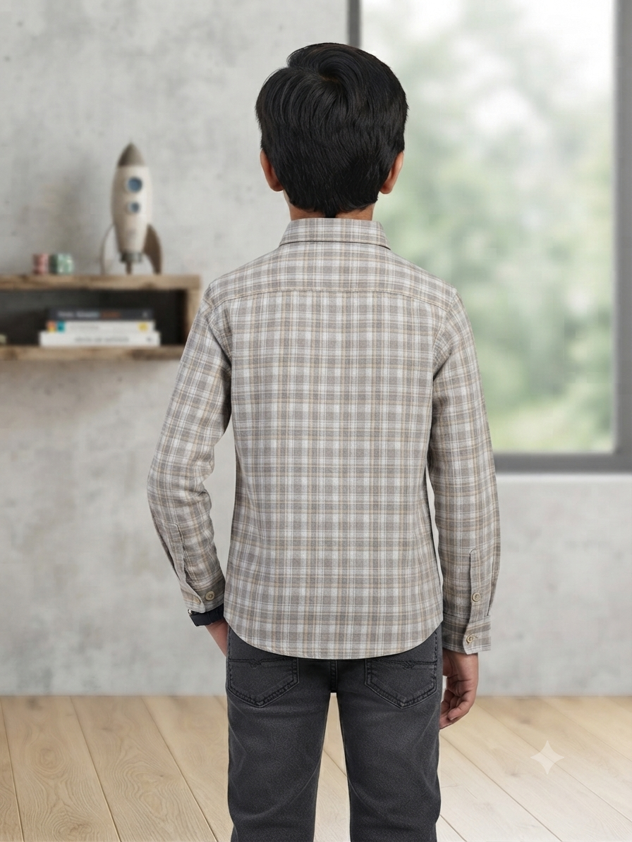 Boys Checked Long Sleeve Button Down Shirt (Grey and White)