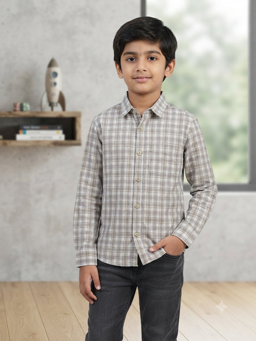 Boys Checked Long Sleeve Button Down Shirt (Grey and White)