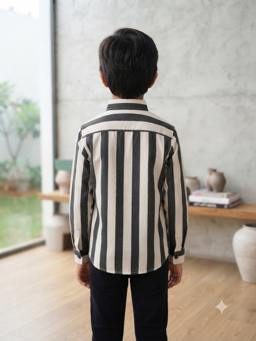 Boys Striped Long Sleeve Button Down Shirt (Black and White)