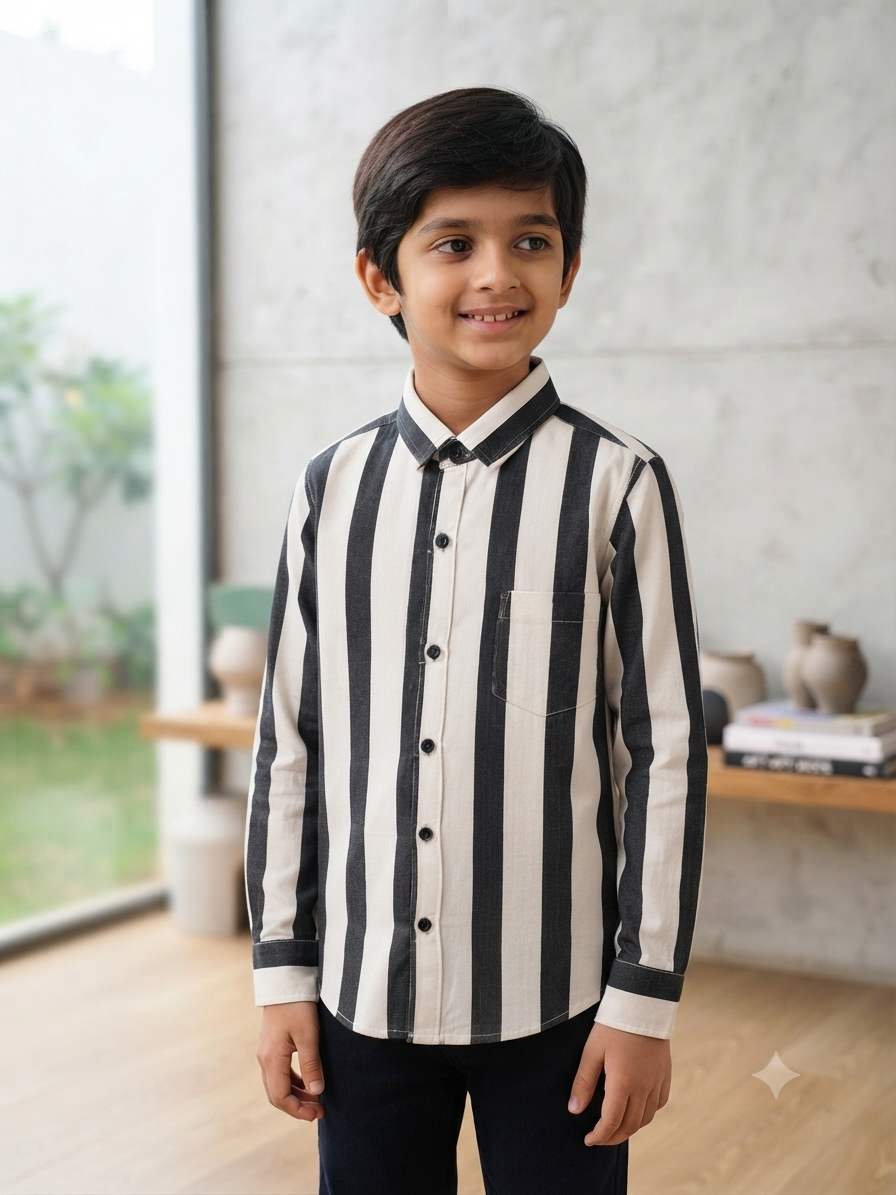 Boys Striped Long Sleeve Button Down Shirt (Black and White)