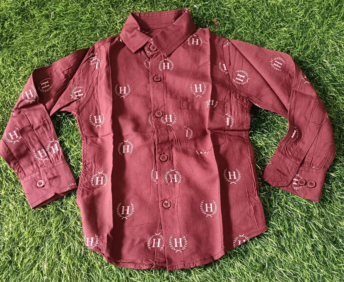 Boys' Maroon red Button Down Shirt with 'H' Logo Print