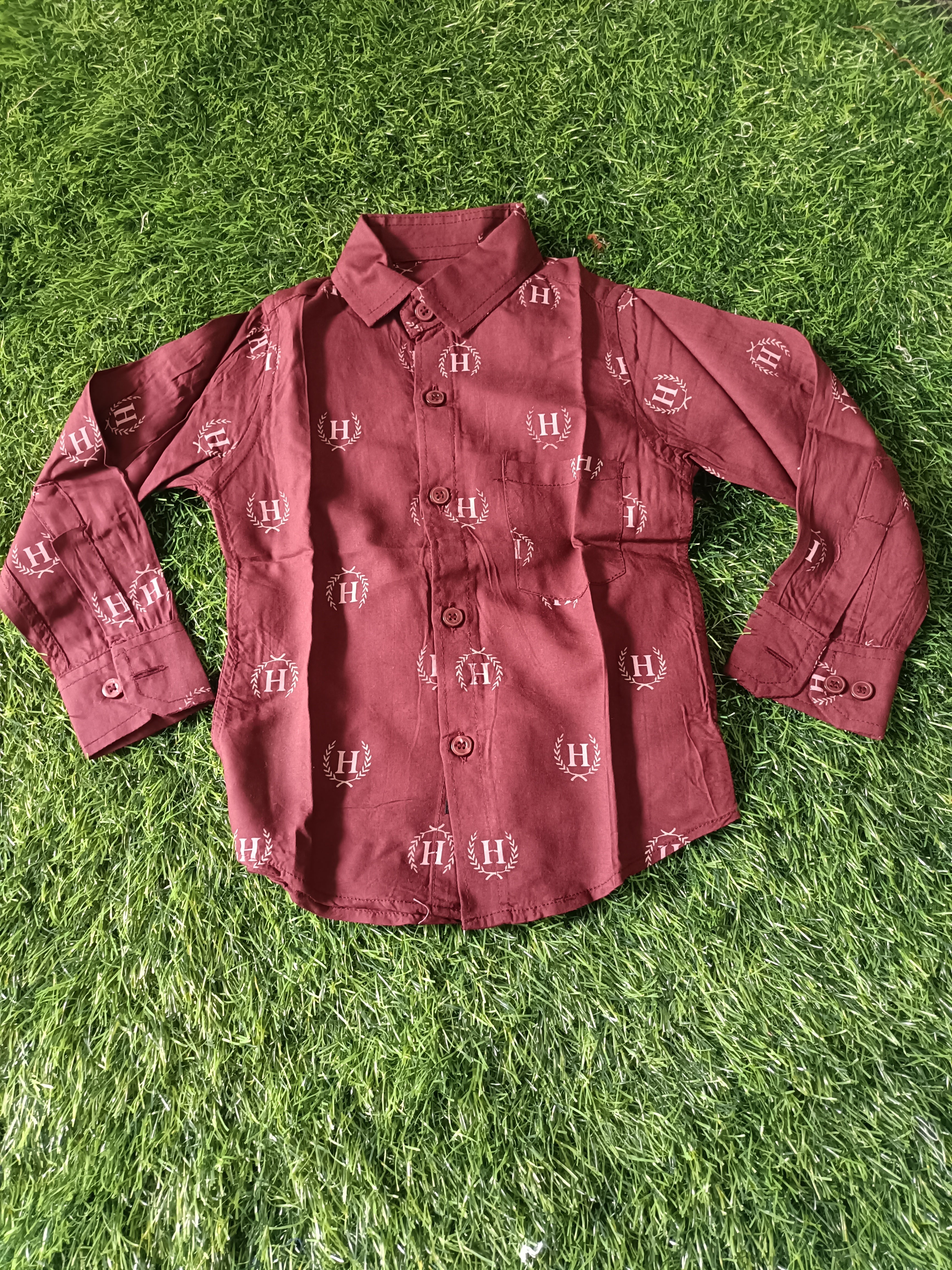 Boys' Maroon red Button Down Shirt with 'H' Logo Print