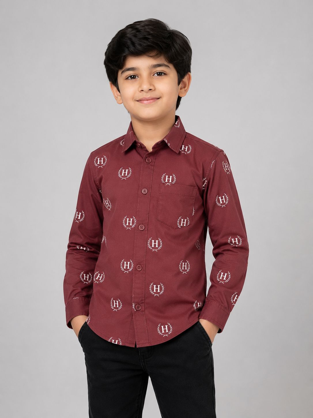 Boys' Maroon red Button Down Shirt with 'H' Logo Print