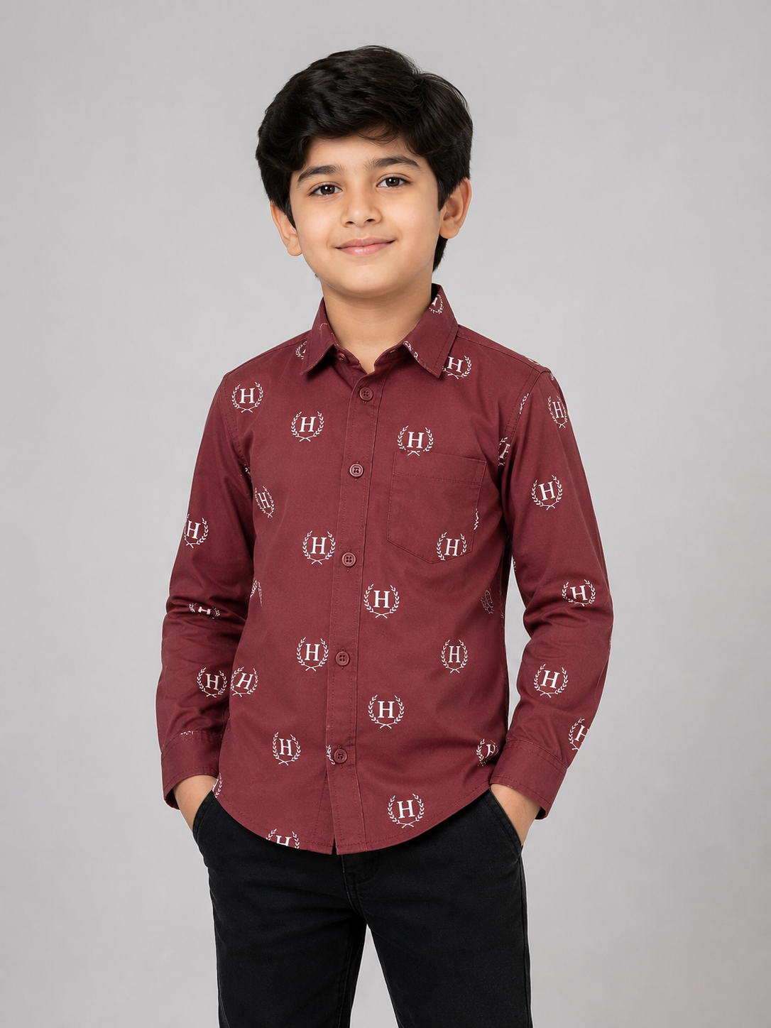 Boys' Maroon red Button Down Shirt with 'H' Logo Print