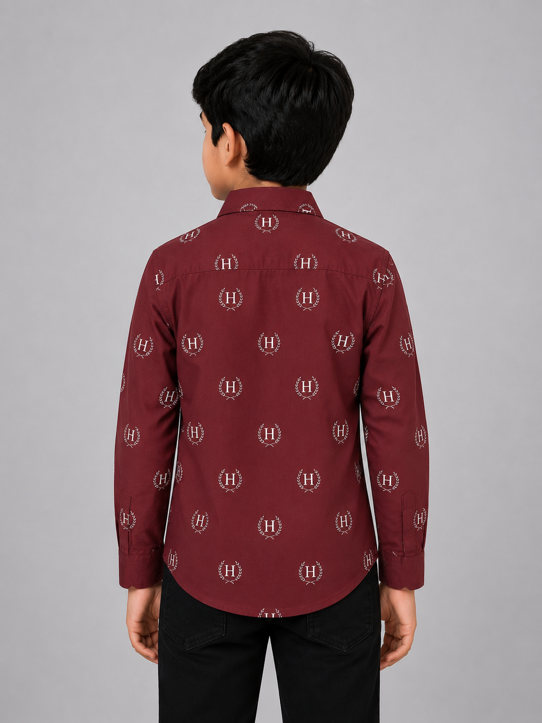 Boys' Maroon red Button Down Shirt with 'H' Logo Print