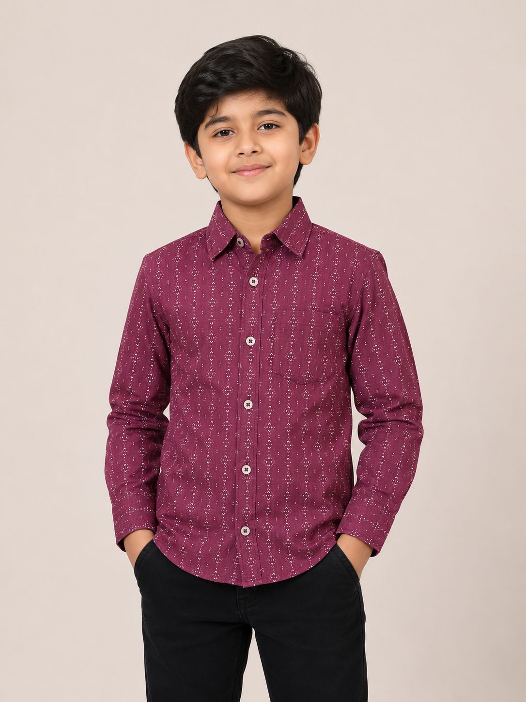 Boys' Maroon Geometric Print Full Sleeve Shirt