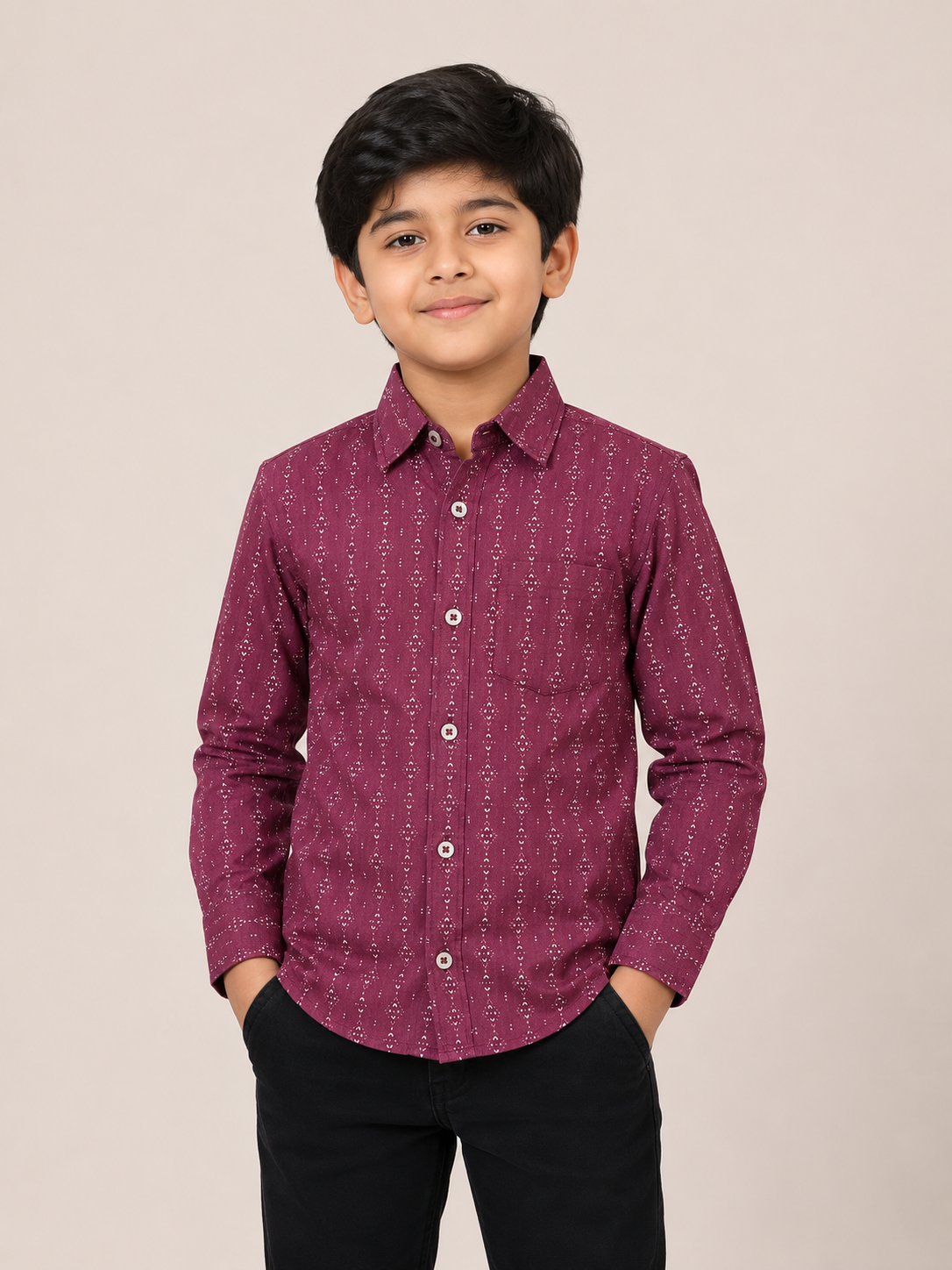 Boys' Maroon Geometric Print Full Sleeve Shirt