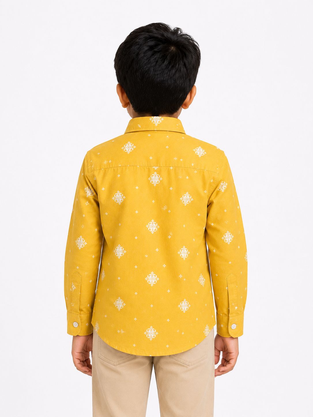 Boys Mustard Yellow Designer Printed Cotton Shirt