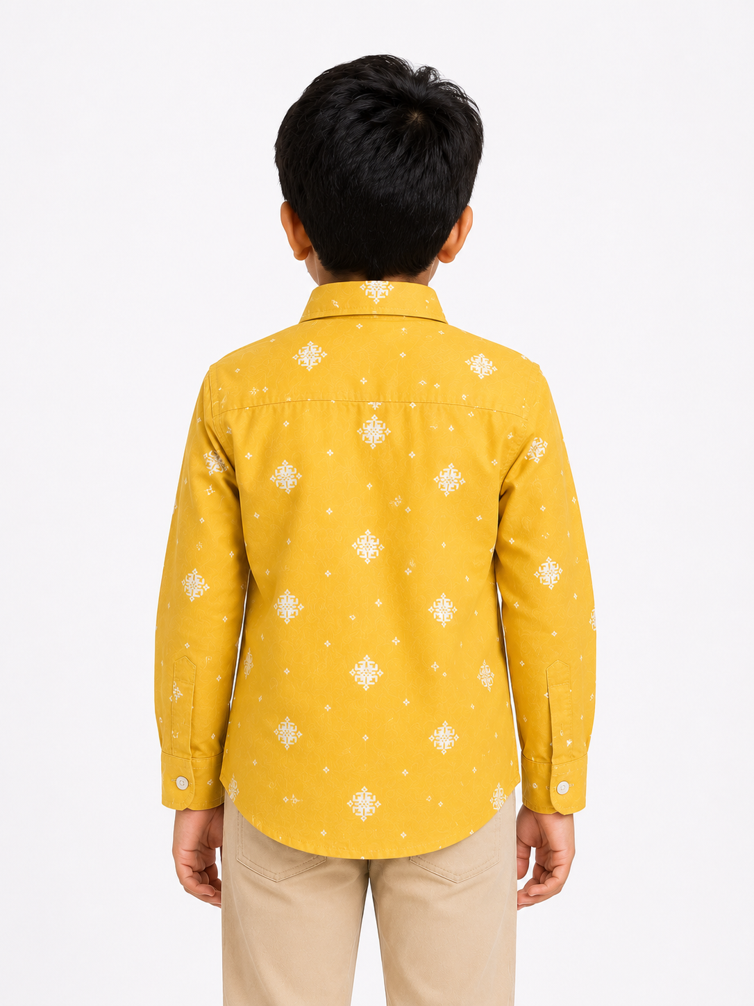 Boys Mustard Yellow Designer Printed Cotton Shirt