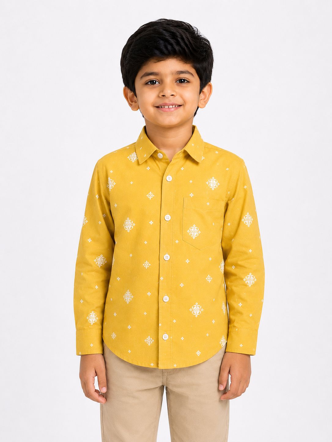 Boys Mustard Yellow Designer Printed Cotton Shirt