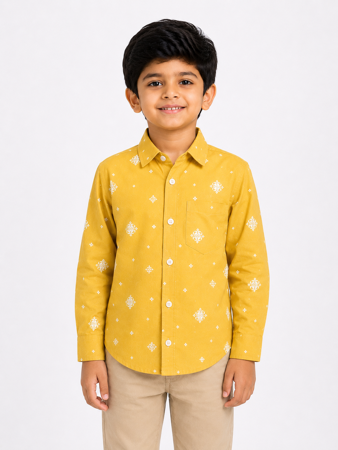 Boys Mustard Yellow Designer Printed Cotton Shirt