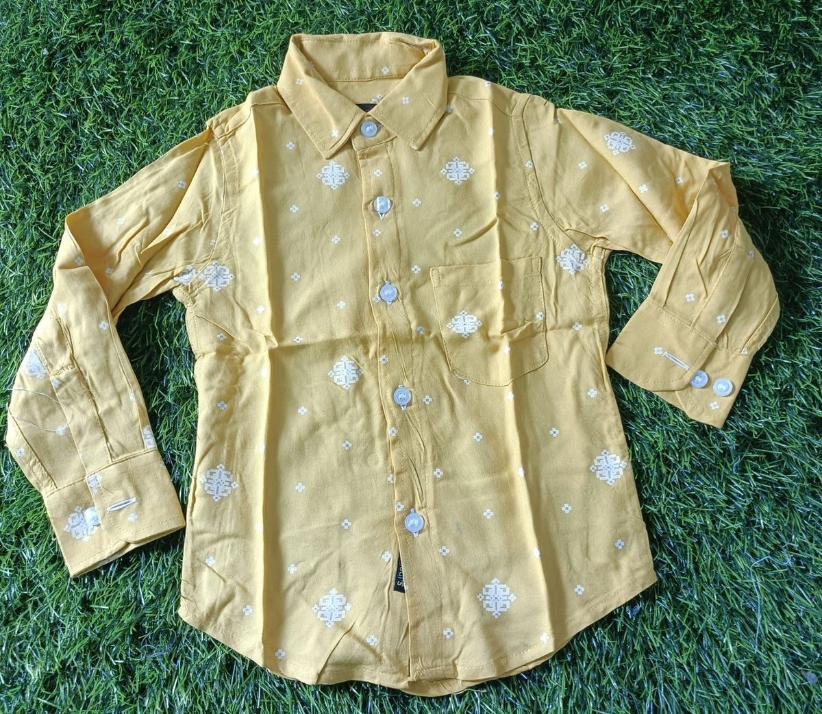 Boys Mustard Yellow Designer Printed Cotton Shirt