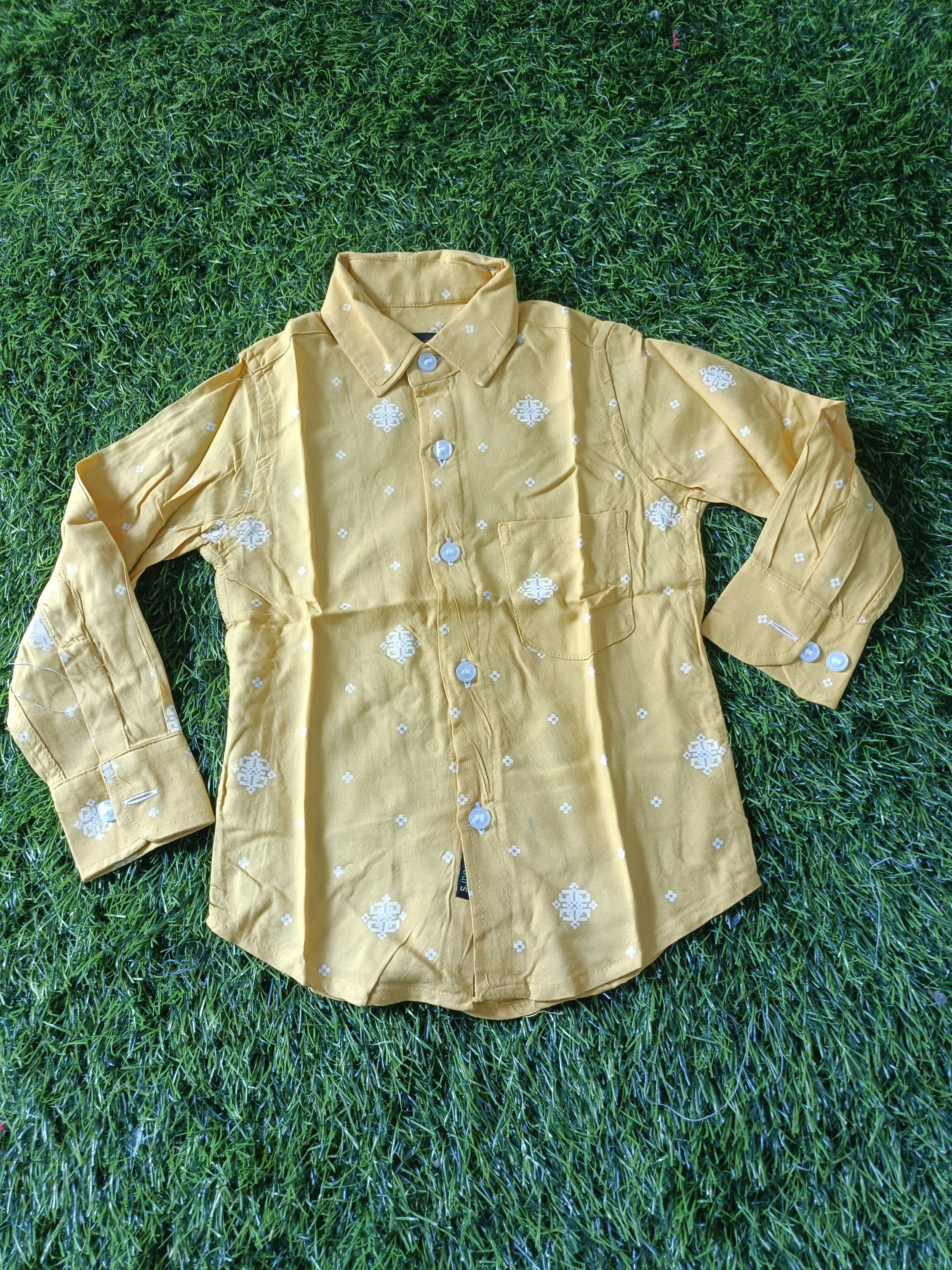 Boys Mustard Yellow Designer Printed Cotton Shirt