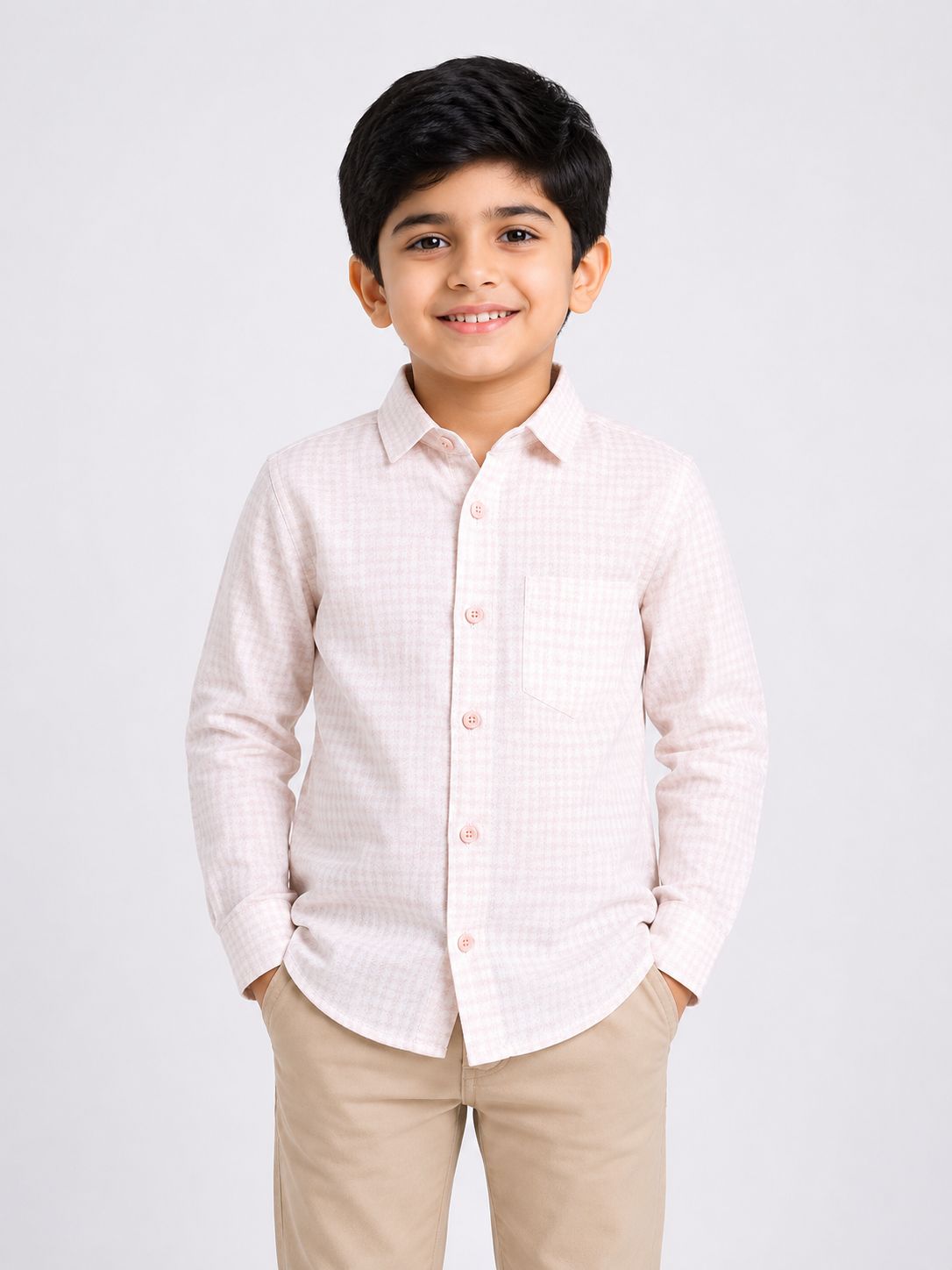 Boys Light Pink Textured Casual Cotton Shirt