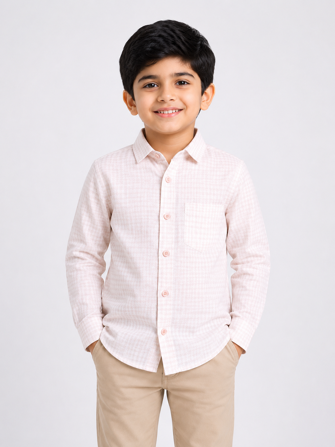 Boys Light Pink Textured Casual Cotton Shirt
