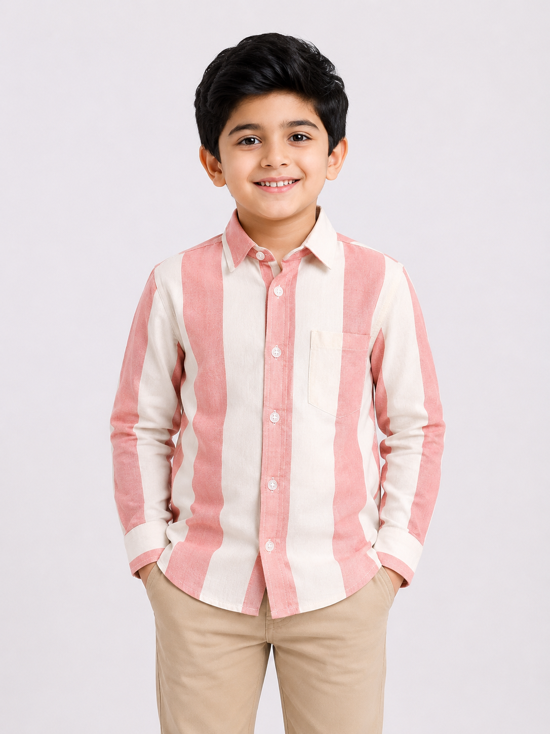 Boys Pink & White Striped Full Sleeve Shirt  Regular Fit